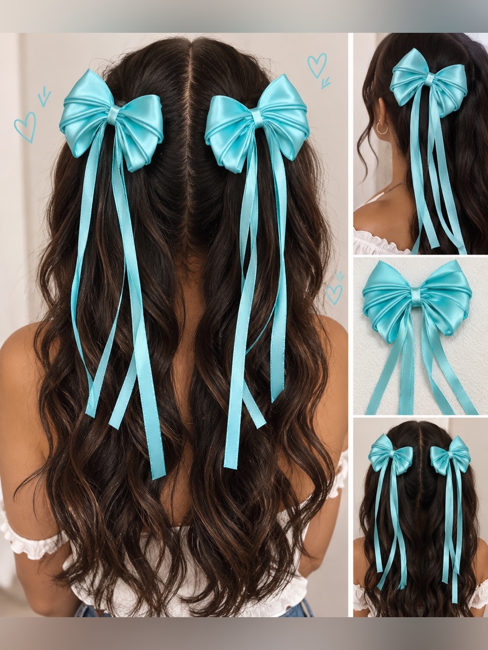 Aqua Satin Ribbon Bow Hair Clips